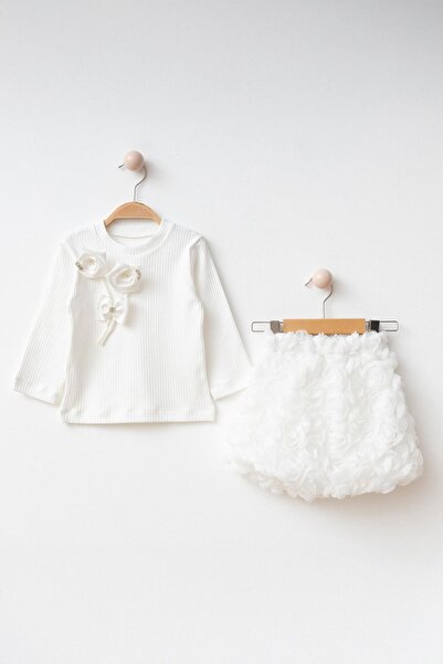 Minigimin Cicileri My Little One's Cicileri 3D Double Rose Detailed Girls' Skirted Suit - White