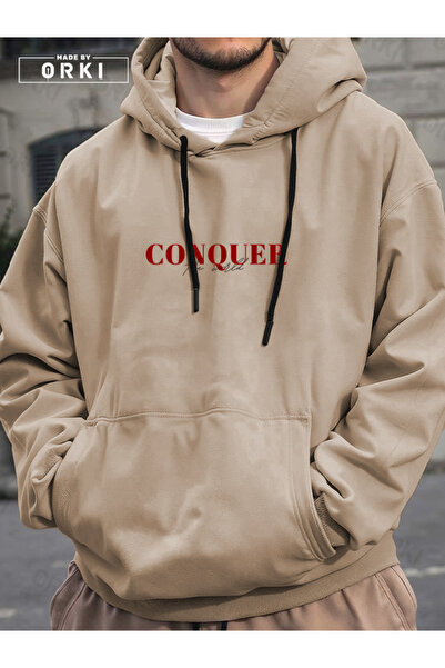 EFFRENATU Conquer the World Printed Beige Oversize Hooded Sweatshirt Hoodie