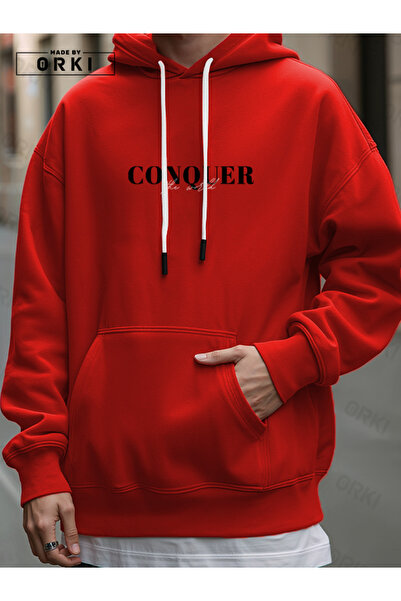 EFFRENATU Conquer the World Printed Red Oversize Hooded Sweatshirt Hoodie