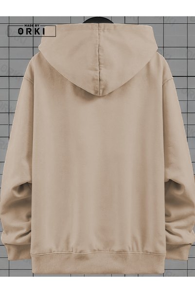 EFFRENATU Conquer the World Printed Beige Oversize Hooded Sweatshirt Hoodie