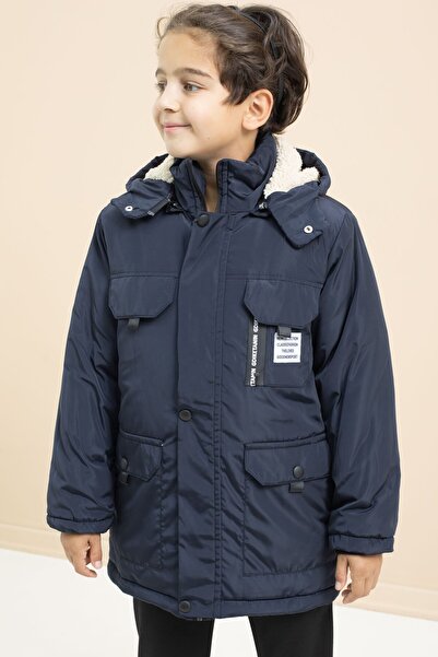 Cansın Mini Navy Blue Text Detailed Hooded Coat with Chest Pocket and Fur Inside for Boys 21477