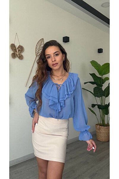 modadagiyim Women's Shirred and Sleeve Detailed Ruffled Tie-Up Chiffon Shirt Blouse