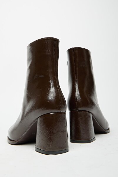 Madamra Kadın Kahverengi Rugan Topuklu Bot & Bootie – Fermuarlı Şık Günlük Bot