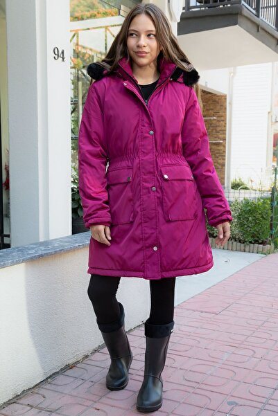 Cansın Mini Fuchsia Padded down Jacket with Pockets and Fur Inside, Detachable Hood for Girls 21482