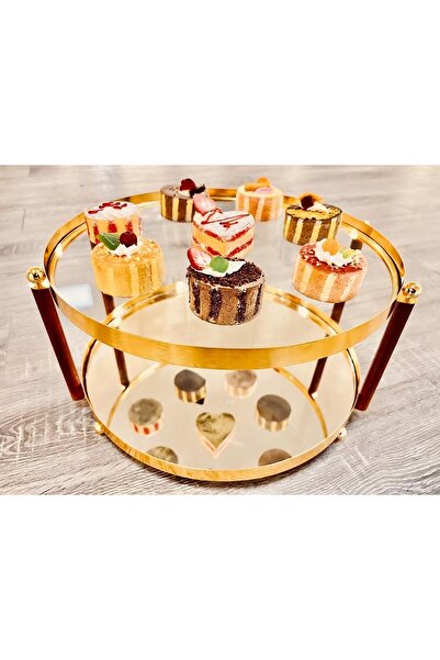 GENERAL Two-tier cake plate with a golden frame and wooden columns
