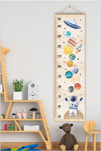 Piksel Grafik Gezegenler Askılı Kanvas Boy Ölçer - Çocuk Odası Boy Metresi - Kahve Tonları