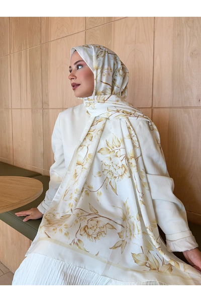 Nûda - Tarzın Değil , Tavrın Zarafeti Mira İpek Retro Desen Pamuk Soft Şal Kadın Beyaz Gold