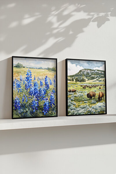 STARYUNA Black Wooden Framed Blue Floral Animal Watercolor Effect Double Painting Set Yuna421
