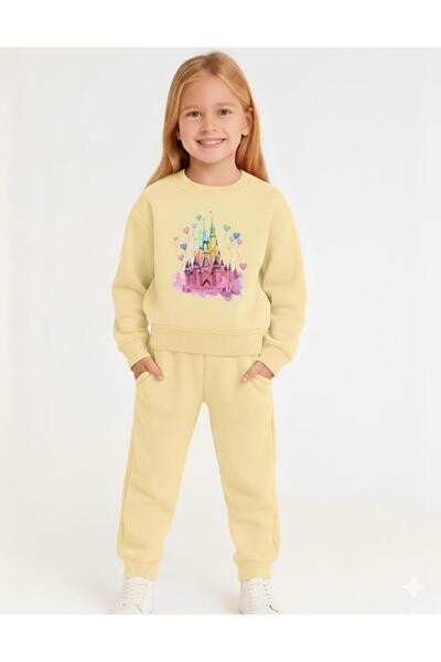 LİTTLE TORTOİSE Heart Castle Printed Girls' Tracksuit Set / Sweatshirt Set