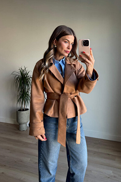 Sue Store Камел цвят яке от висококачествена велурена кожа с копчета отпред и колан