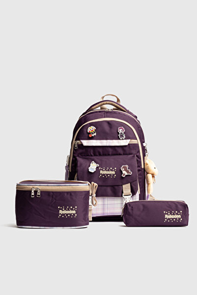 Fiyaka Rlx-1396 Set of 3 Children's Primary School Bag with Pen Holder and Lunch Bag Backpack Purple-Purple