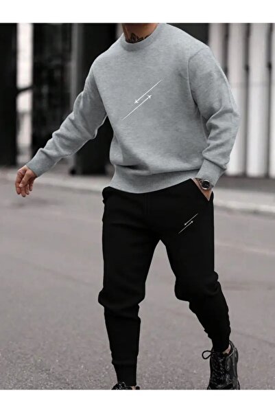 WOODROFFE Ανδρικό σετ αθλητικής φόρμας με λαιμόκοψη με στάμπα αεροπλάνου, μαύρο και γκρι, oversize