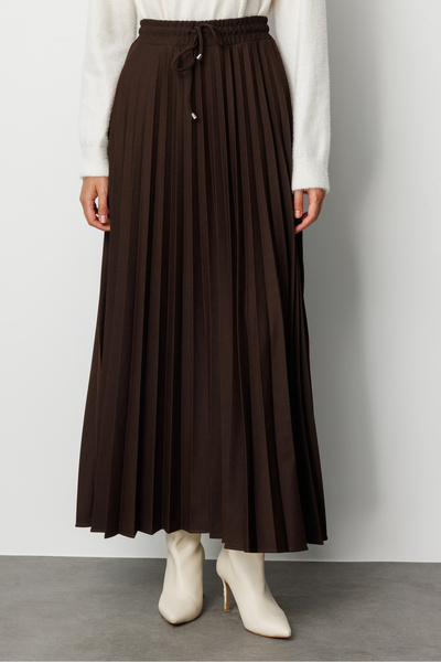 Mizalle Örme Krep Piliseli Maksi Kahverengi Etek