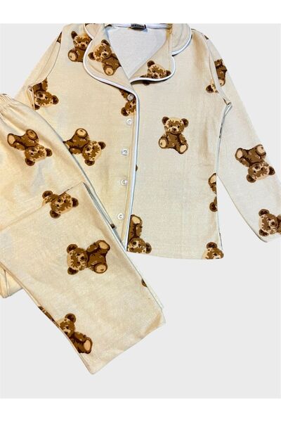 tusem butik homewear Σετ πιτζάμες για κορίτσια από βαμβακερό ύφασμα σουέτ σε μπεζ χρώμα με μοτίβο αρκουδάκι με μακρυμάνικο πουκάμισο με κουμπιά στο γιακά