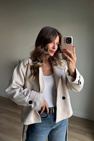 Sue Store Prémiová semišová bunda s páskem a knoflíky v přední části v barvě kamene