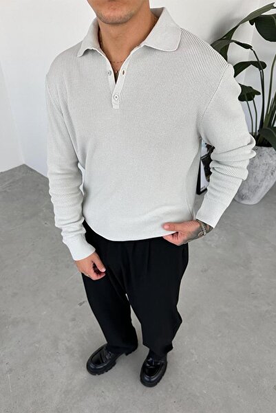 HAFKAGİYİM Gray Basic Ribbed Buttoned Collar Relaxed Sweater