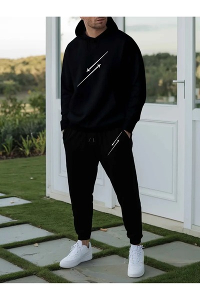 WOODROFFE Ανδρικό σετ φόρμας με κουκούλα με στάμπα αεροπλάνου, μαύρο και γκρι, Oversize Boyfriend