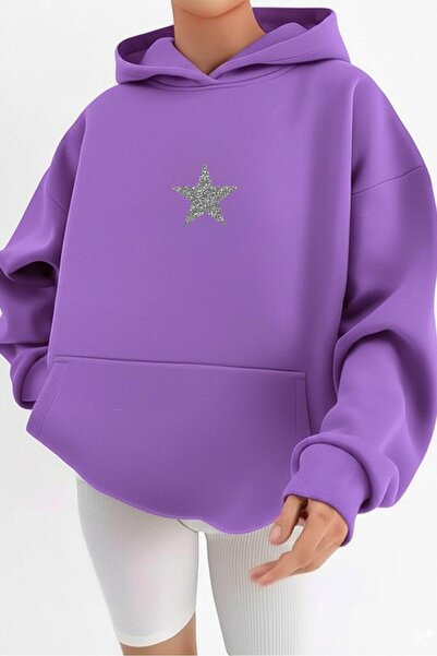 NO 601 Γυναικείο φούτερ με κουκούλα με στάμπα με αστέρια σε μωβ μαύρο χρώμα