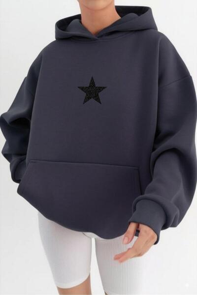 NO 601 Women's Navy Blue Black Glitter Star Printed Hooded Sweatshirt