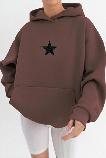 NO 601 Women's Brown Black Glitter Star Printed Hooded Sweatshirt