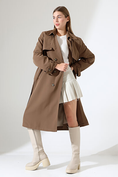 B.HE.Z Amazon Linen Fabric Below-The-Knee Lined Detachable Collar Buttoned New Style Trench Jeans Milk Coffee