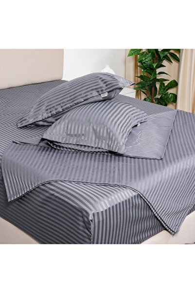 Bed N Home SA Satin Fitted Sheet Set, Striped, 1 cm, Grey, 100% Egyptian Cotton, 350 Thread Count, 2 Pillowcases, 120*200 cm
