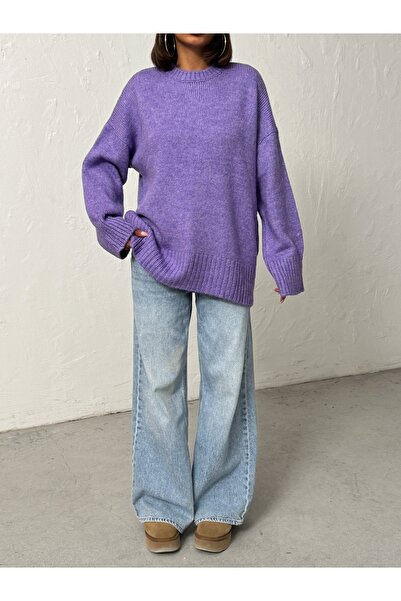 BEJNA Kadın Lila Yumuşak Dokulu Bisiklet Yaka Oversize Basic Triko Kazak