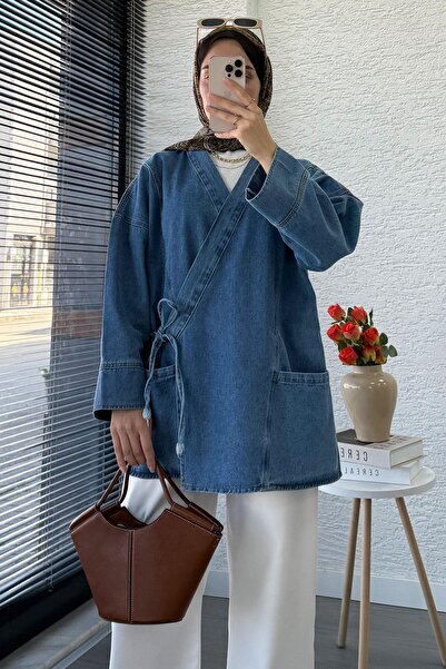MELEK ARAZ Anvelop Bağlamalı Oversize Denim Ceket - Açık Mavi