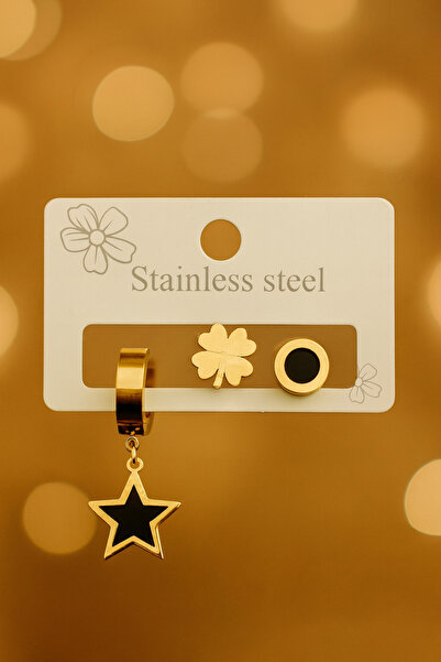 G Sport POLO 3'Lü Yıldız ve Yonca Detaylı Renk Atmaz Çelik Küpe