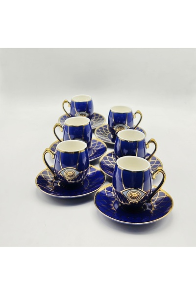 Tekbir NAZAR BONCUĞU DESENLİ 12 PARÇA PORSELEN KAHVE FİNCAN SETİ MAVİ-GOLD
