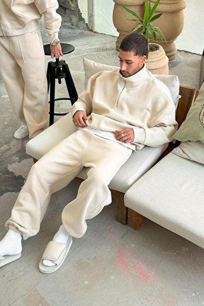 HAFKAGİYİM Cream Cozy Basic Half Zipper Oversize Sweatshirt