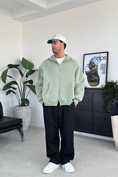 HAFKAGİYİM Ice Green Cozy Basic Φούτερ με διπλό φερμουάρ Oversize