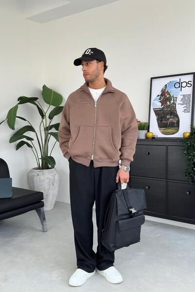 HAFKAGİYİM Ανοιχτό καφέ Cozy Basic Φούτερ με διπλό φερμουάρ Oversize