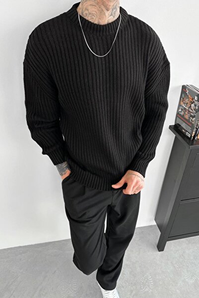 HAFKA Pulover negru oversize cu gât rotund