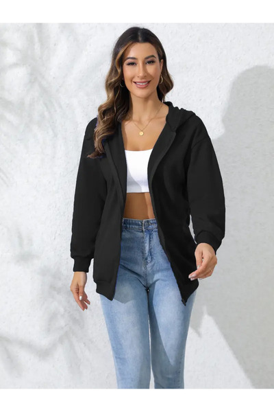 LOUİSA Women's Black Hooded Zippered Sweatshirt Cardigan