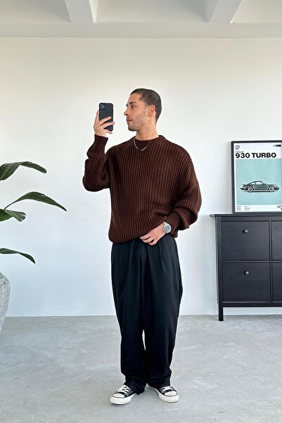HAFKAGİYİM Brown Crew Neck Ribbed Oversize Knit Sweater