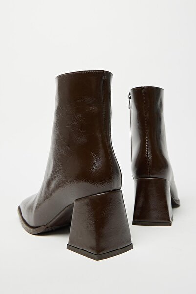 Madamra Kadın Kahverengi Rugan Bot & Bootie Küt Burun Topuklu Kontrast PU Deri Fermuarlı Şık