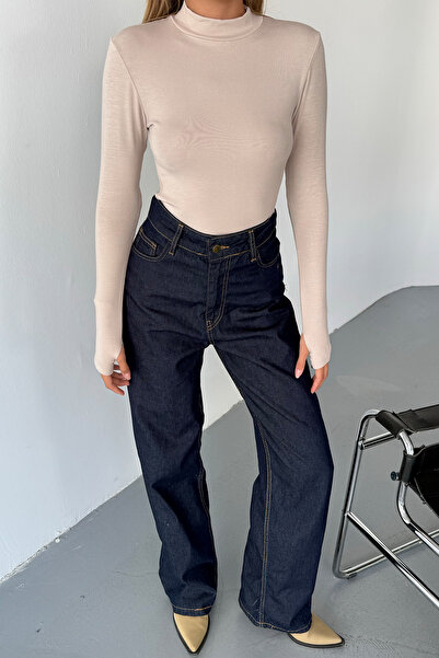 BE CHİC Γυναικεία μπλούζα μπεζ με μισό γιακά ψαράδικο τύπου, με κορδόνια που περνούν από το δάχτυλο, από βαμβακερό ύφασμα MODAL, απλή βασική μπλούζα LW10022