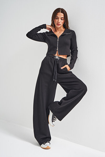 its basic Γυναικείο Μαύρο Χρώμα w5-1 Πλεκτό Υφασμάτινο Φούτερ και Φούτερ με φερμουάρ Κάτω Μέρος Επάνω Μέρος Σετ 2 τεμαχίων