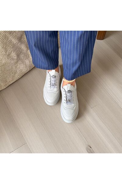 NE&VE SHOES Taş Rengi Hakiki Deri Lastik Bağlı Kadın Günlük Rahat Spor Ayakkabı