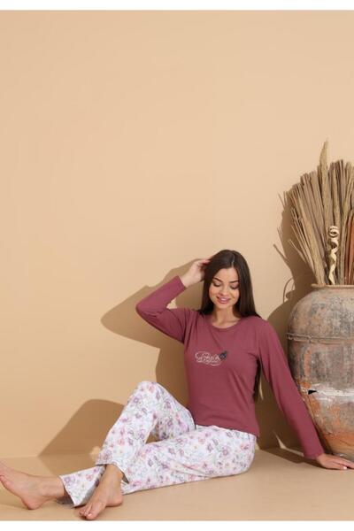 Serena Pijama damă grena „PARIS” cu pantaloni lungi floral – 100% bumbac