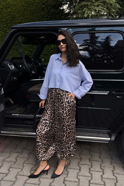 FABB Leopar Saten Şalvar Pantolon
