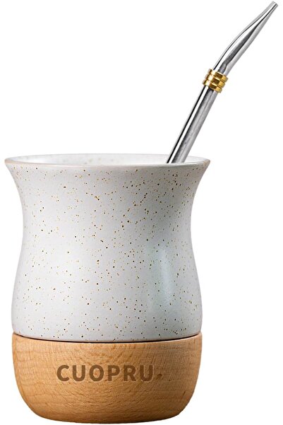 CUOPRU كوب يربا ميت سيراميكي سعة 8 أونصة مع قاعدة خشبية أصلية، يتضمن قرع ماتي...
