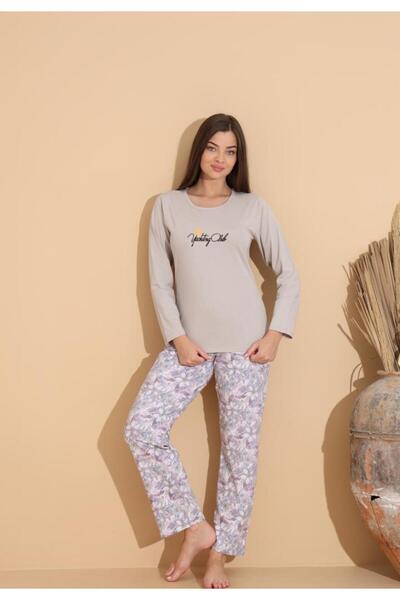 Serena Pijama damă gri „Yachting Club” cu pantaloni lungi floral – 100% bumbac
