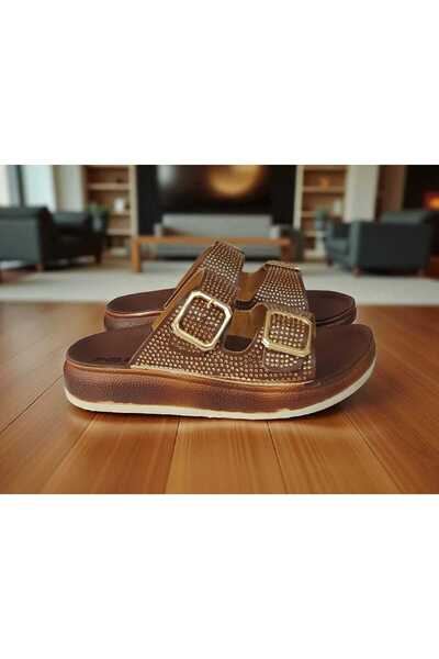 Polero Women's Poly Sole Double Buckle Stone Detail Orthopedic Comfortable Slippers