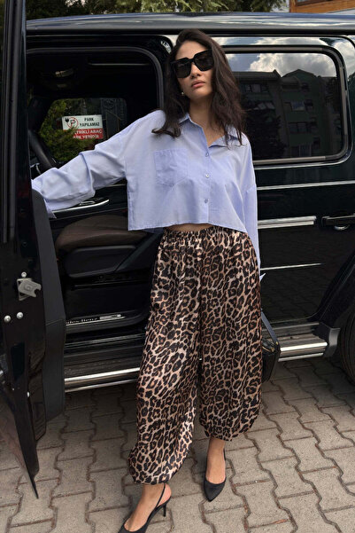 FABB Leopar Saten Şalvar Pantolon