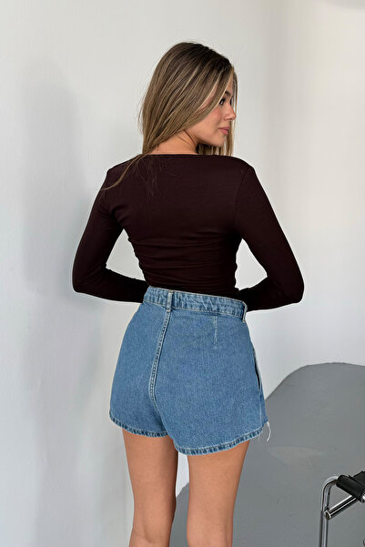 BE CHİC Dámská hnědá halenka s hranatým výstřihem, zapínáním na prsty, z bavlněné modalové tkaniny, jednoduchá základní halenka LW10023