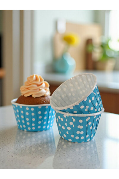 Puantiyeli Mavi 50'li Airfryer ve Fırın İçin Muffin Kek Kalıbı Cupcake Kalıbı 6,50x4 cm