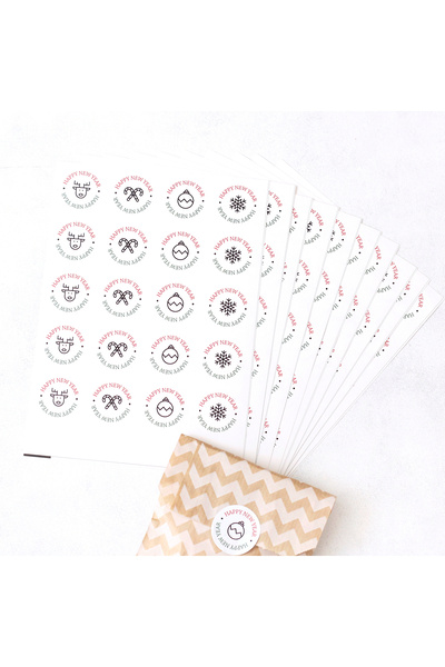 Bimotif Yılbaşı mesajları happy new year sticker, 20 adet (1 sayfa)