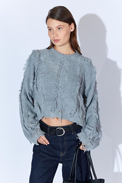 TENA Pulover gri pentru femei cu detaliu cu ciucuri în față